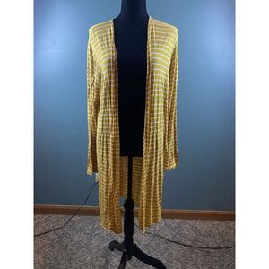 Women's Size Large Jersey Knit Long Cardigan Mustard Yellow White‎ Stripe